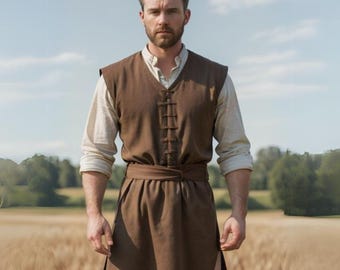 Túnica medieval marrón para hombre / Traje de aldeano nórdico para él / Traje vikingo rústico / Atuendo campesino histórico / Camisa sin mangas de la Feria del Ren