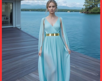 Greek Goddess Sky Blue Maxi Gown, Royal Women Elite Dress with Gold Belt, Regal Ancient Roman Princess Costume, Ren Fair Dress, Chiffon Gown