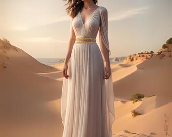 Roman Princess Elite White Goddess Maxi Gown, Royal Women Renfair Dress, Regal Renaissance Costume, Chiffon Fairy Godmother tunic