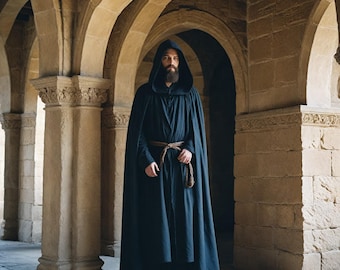 Mystery Men's Hooded Cape, Full Length Medieval Robe , Gothic Wizard Costume, Sorcerer Outfit, Monk Cloak