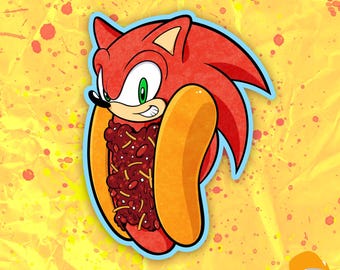 May include: A sticker depicting a red cartoon character with green eyes, holding a chili dog. The character has red quills and a blue outline. The background is yellow with red paint splatters.