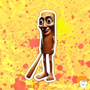 Puede incluir: Una figura antropomórfica marrón, cilíndrica, con rostro humano, brazos y piernas delgados, que sostiene un palo marrón largo y fino en una mano. La figura tiene un cuerpo liso y redondeado sobre un fondo amarillo brillante con salpicaduras.