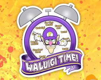 May include: A purple and yellow alarm clock with a cartoon character of Waluigi on the face. The clock face says "I'm the best!" "Waluigi" "Come on!" "Don't whiff!" "Number One!" "Wah!" and "Wah!" The clock is surrounded by a purple and yellow banner that says "WALUIGI TIME!"