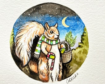 Original Christmas Squirrel Painting by Artist Ashlie Blake