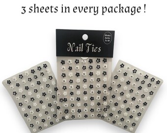 Flower Nail Art Stickers, Black and White Flower Designs with Rhinestones, 3 Full Sheets, Self-Adhesive, For Press-On & DIY Nail Art