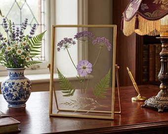 Elegant Pressed Flowers in Floating Gold Frames – Celestial Boho Home Decor