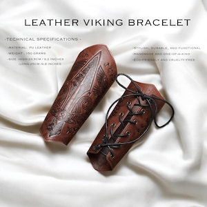 May include: Brown PU leather Viking bracelet with intricate embossed designs. The bracelet is 9.2 inches high and 9.8 inches long. The design includes a laced closure. The text on the image reads "LEATHER VIKING BRACELET".