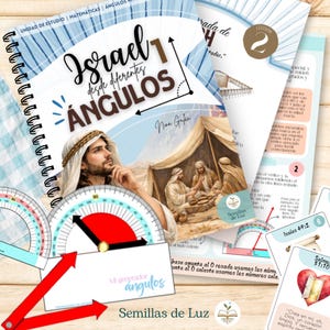 Pode incluir: Um caderno de exercícios em espiral intitulado Israel desde diferentes ÁNGULOS com uma ilustração de capa de uma pessoa e uma tenda. As páginas apresentam diagramas matemáticos, um gráfico de transferidor e pequenos cartões com textos bíblicos.