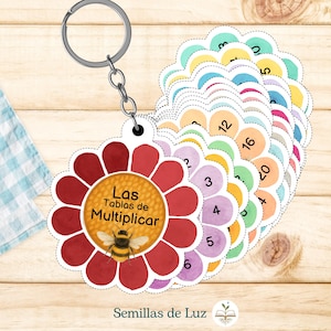Puede incluir: Un conjunto de tarjetas de tablas de multiplicar con forma de flor unidas a un llavero de metal. Cada tarjeta presenta un diseño de pétalos coloridos con números y una flor central con una abeja y el texto Las Tablas de Multiplicar.