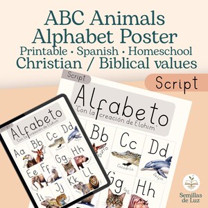 ABC Animals Alphabet Poster Printable | Spanish Alphabet for Homeschool | Christian Alphabet Chart | Biblical Learning | Script Font