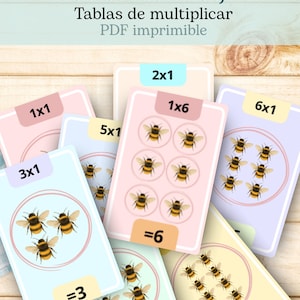 May include: Flash cards with bee illustrations for multiplication practice. The cards feature equations like 1x1, 1x6, and 6x1, with the answers displayed. The cards are in pastel colors and include the text "Flash cards - abejitas" and "Tablas de multiplicar".