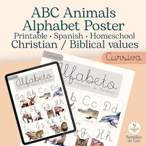 ABC Animals Alphabet Poster Printable | Spanish Alphabet for Homeschool | Christian Alphabet Chart | Biblical Learning | Cursive Font