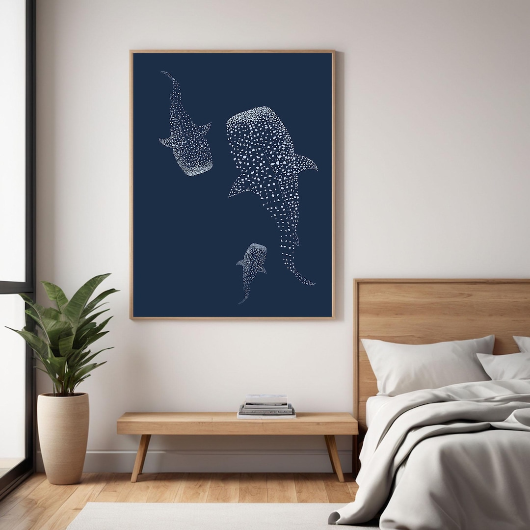 Whale Shark Art Print, Minimalist Ocean Wall Art, Navy Blue Sea Poster ...