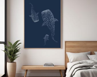 Whale Shark Art Print, Minimalist Ocean Wall Art, Navy Blue Sea Poster, Modern Marine Illustration, Nursery Coastal Decor