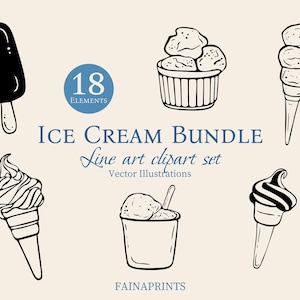 Puede incluir: Un conjunto de imágenes prediseñadas de helados en arte lineal. La imagen presenta un helado de palo, conos y una taza de helado. El texto dice "Ice Cream Bundle" y "18 Elements". Ilustraciones vectoriales.
