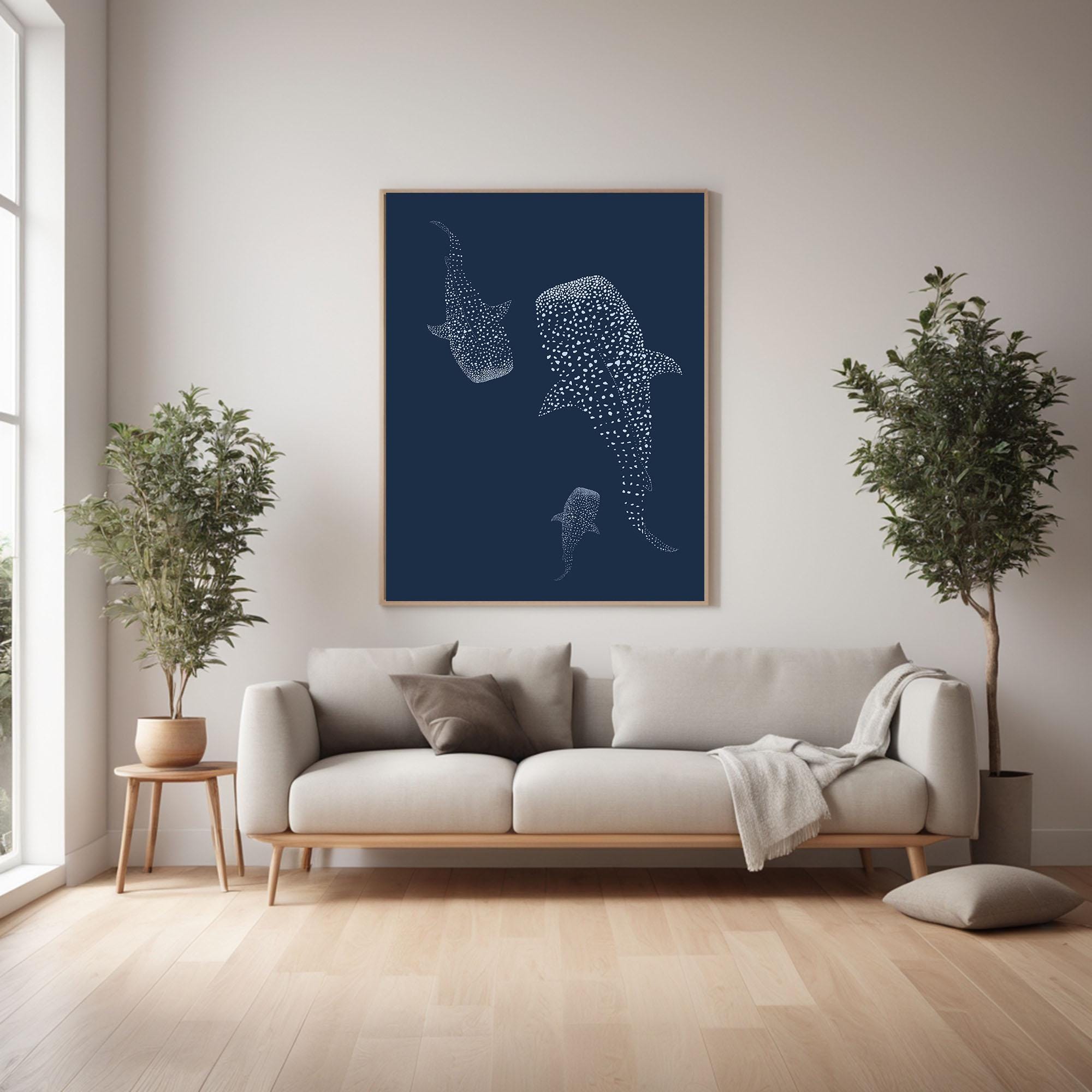 Whale Shark Art Print, Minimalist Ocean Wall Art, Navy Blue Sea Poster ...
