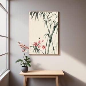 Minimalist Japanese Wall Art, Japanese Botanical Art, Bamboo and Blossom Art Print – Asian Watercolor Style Wall Decor, Zen Nature Painting