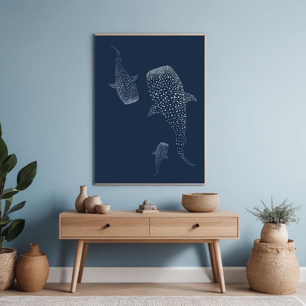 Whale Shark Art Print, Minimalist Ocean Wall Art, Navy Blue Sea Poster ...