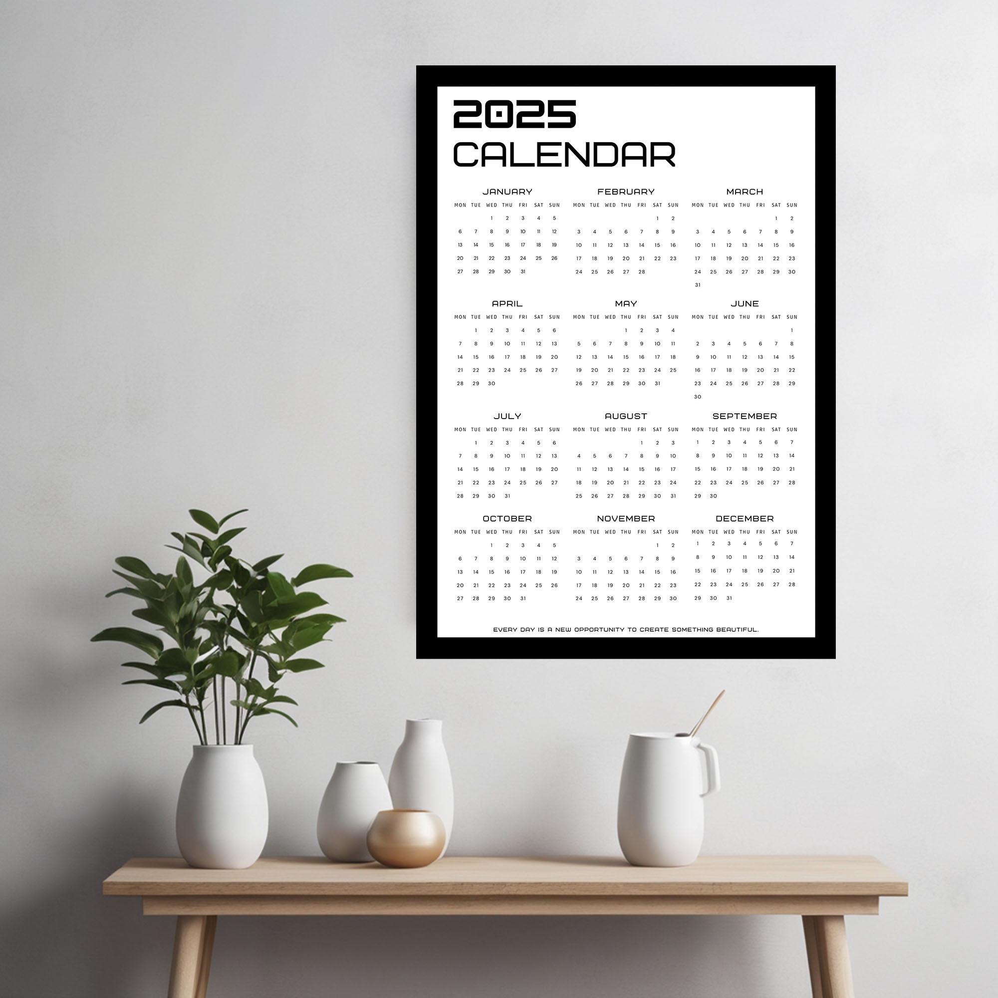 Calendrier mural minimaliste 2025 : agenda noir et blanc (téléchargement numérique)