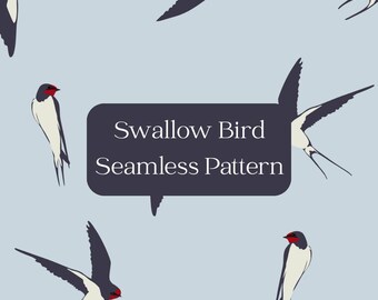 May include: A seamless pattern featuring stylized swallow birds in flight. The birds are depicted in black, white, and red against a light blue background. The text "Swallow Bird Seamless Pattern" is displayed in a dark gray rectangle.
