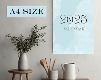 Calendrier mural 2025 : aquarelle bleue minimaliste A4 (téléchargement numérique)