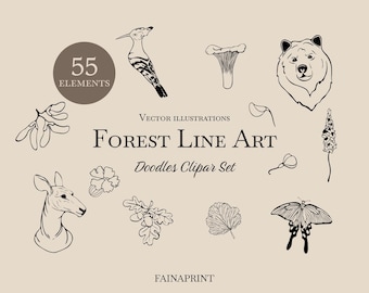 Forest Doodles Clipart Bundle: Woodland Animals & Botanical Illustrations (SVG PNG EPS Digital Download