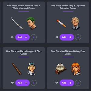 May include: A grid of eight product listings featuring One Piece Netflix character cursors. Each listing includes a character image and a related object, such as a sword or a teacup, with an "Add" button.