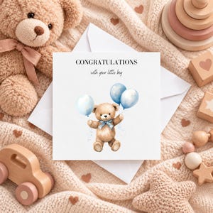 Carte de félicitations pour la naissance d'un garçon | Carte de naissance pour un nouveau-né | Carte bébé ours en peluche | Carte de bienvenue petit garçon | Carte pour nouveau-né