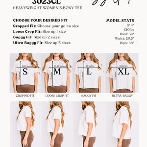 May include: Size guide for a Comfort Colors 3023CL heavyweight boxy tee. The guide includes measurements for cropped, loose crop, baggy, and ultra-baggy fits, with size examples from S to XL. Model stats are provided: 5'4", 120lbs, 34" bust, 26.5" waist, and 38" hips.
