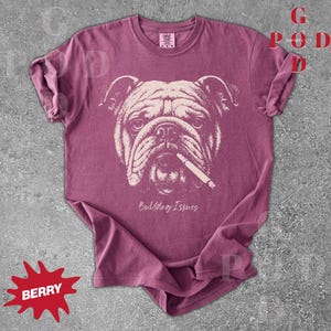 May include: Berry-colored t-shirt featuring a graphic of a bulldog with a cigarette. The bulldog's face is in a light beige color, and the text "Bulldog Issues" is below the image. The shirt has a crew neck and short sleeves.