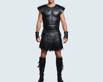Genuine Leather Men Black Armor & Kilt - Classic Leather Men Warrior Set - Handmade Gladiator kilt set With Armor - Perfect Gift For Him