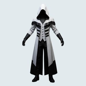 Könnte beinhalten: Ein Ganzkörperkostüm mit einem weißen Kapuzenmantel mit schwarzen Akzenten, einer schwarzen Weste und einer schwarzen Hose. Das Kostüm beinhaltet schwarze Handschuhe und Stiefel. Das Design hat eine moderne, elegante Ästhetik, geeignet für Cosplay oder Themenveranstaltungen.