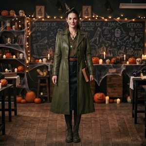 Könnte beinhalten: Ein olivgrüner Ledertrenchcoat mit durchgehender Knopfleiste, getragen über einem dunklen Hemd und einem schwarzen Rock. Das Outfit umfasst einen kleinen spitzen Hut, einen braunen Gürtel, dunkle Strumpfhosen und dunkle Stiefel. Ein braunes Buch wird gehalten.