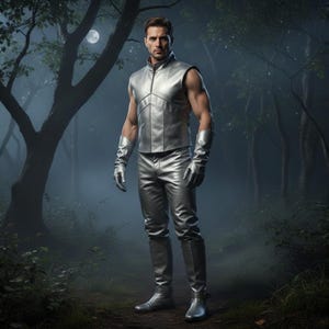Könnte beinhalten: Eine Person in einem silbernen Outfit, bestehend aus Weste, Hose, Handschuhen und Stiefeln, posiert in einem Wald. Die metallische Kleidung reflektiert das Licht. Der Hintergrund zeigt Bäume und einen Vollmond, was eine geheimnisvolle Atmosphäre erzeugt.