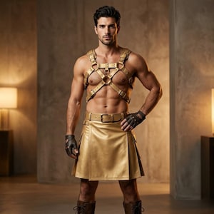 Könnte beinhalten: Ein goldfarbener Lederkilt mit passendem Geschirr und Gürtel. Das Geschirr hat mehrere Riemen und Metallbeschläge. Das Outfit umfasst schwarze fingerlose Handschuhe und braune Stiefel. Der Kilt hat ein plissiertes Design.