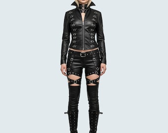 Edgy Gothic Buckled Leather Jacket & Strap Pants Set for Women, Women Gothic Leahter Vampire Cosplay Costume, Gift For Her