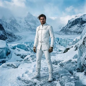 Könnte beinhalten: Eine Person in einem weißen Outfit mit Geschirr, Gürtel und Stiefeln, vor einer schneebedeckten Berglandschaft. Das Outfit umfasst eine Jacke und eine Hose. Der Hintergrund zeigt schneebedeckte Berge und einen Gletscher.