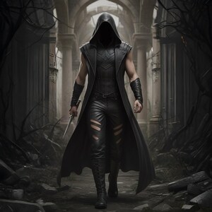 May include: A digital illustration of a figure in a black hooded cloak, walking towards the viewer. The figure is holding a dagger and is dressed in black leather armor and pants with cutouts. The background features a dark, gothic architectural setting.