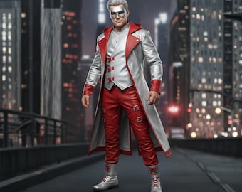 Könnte beinhalten: Ein silber-rotes Superhelden-Kostüm. Das Outfit umfasst einen langen Mantel mit rotem Besatz, rote Hosen, eine silberne Weste und silberne Stiefel. Die Figur trägt eine silberne Maske und steht vor einer Skyline.