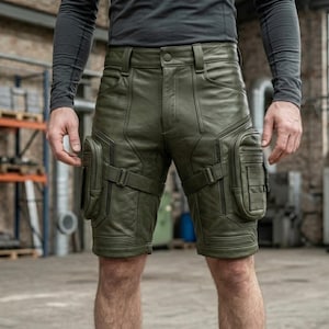 Custom Handmade Leather Cargo Shorts | Cyberpunk RPG Tactical Biker Utility Knee Length Shorts for Men | Gaming Outfit.