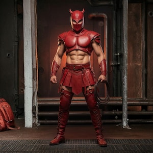 Może przedstawiać: Czerwony kostium z rogatą maską, zbroją na klatkę piersiową, ochraniaczami na ramiona, spódnicą i wysokimi butami. Pasujący plecak leży na podłodze. Osoba trzyma w ręku bat. Strój wykonany jest z materiału podobnego do skóry.