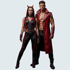 May include: A couple in matching red and black leather outfits. The woman wears a vest, trousers, and a choker. The man wears a long coat and trousers. Both have matching wrist cuffs. The woman wears a pair of red horns.