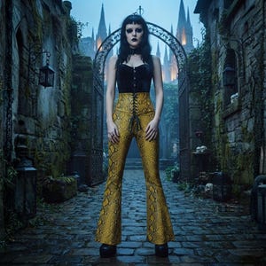 Puede incluir: Un top tipo corsé de terciopelo negro combinado con pantalones acampanados de tiro alto con estampado de piel de serpiente en amarillo y negro, con un detalle de cordones central. El conjunto incluye una gargantilla negra y zapatos de plataforma.