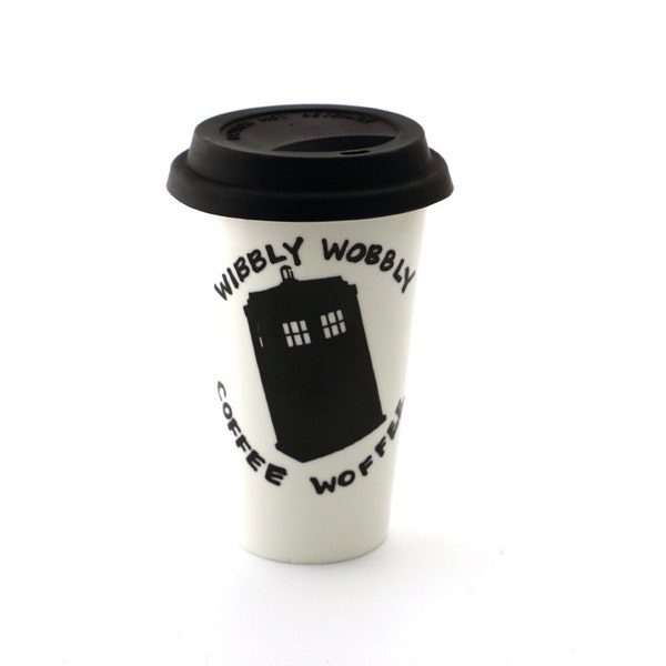 Doctor Who Tardis Travel Mug Double Walled Porcelain, ceramic eco cup with silicon lid, Wibbly Wobbly