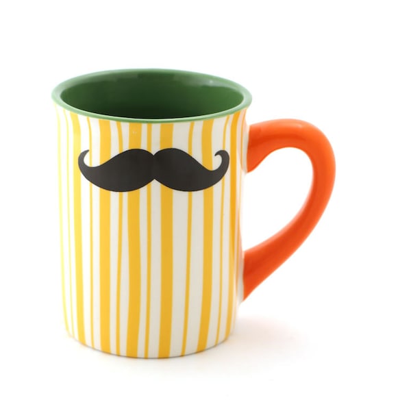 Mustache Mug, Moustache Mug, Yellow orange green, Double Sided, Kiln Fired, gift for him, mens gift