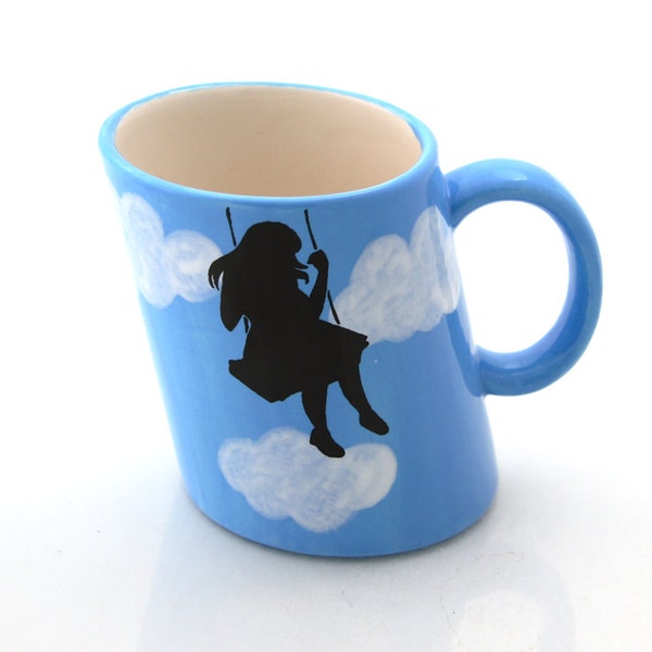 SALE Whimsical tilted mug girl on swing