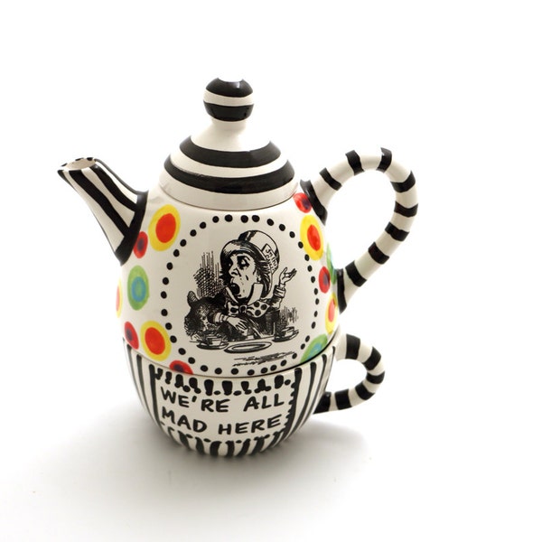 Alice in Wonderland teapot tea for one mad hatter we're all mad here Lewis Carroll through the looking glass book lover tea party