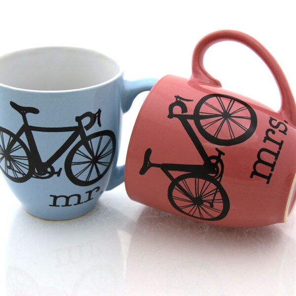 SALE Mr and Mrs Mug set, bike mugs ,  pink and blue