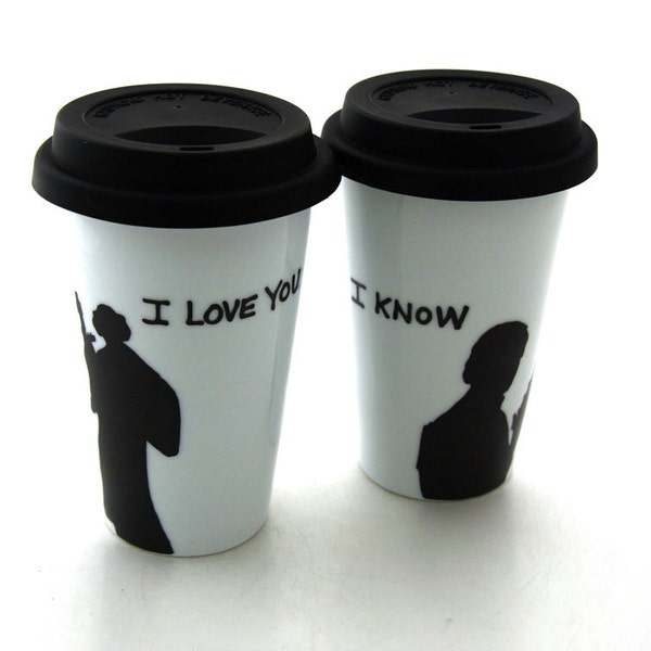 RESERVED For Cookie, Star Wars (R) Han Solo and Leia I love You I know  Porcelain Travel Mug Set for Wedding or Anniversary