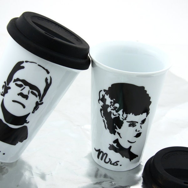 Mr and Mrs Travel Mug Set with Bride of Frankenstein and Frankenstein Monster, wedding gifts under 40